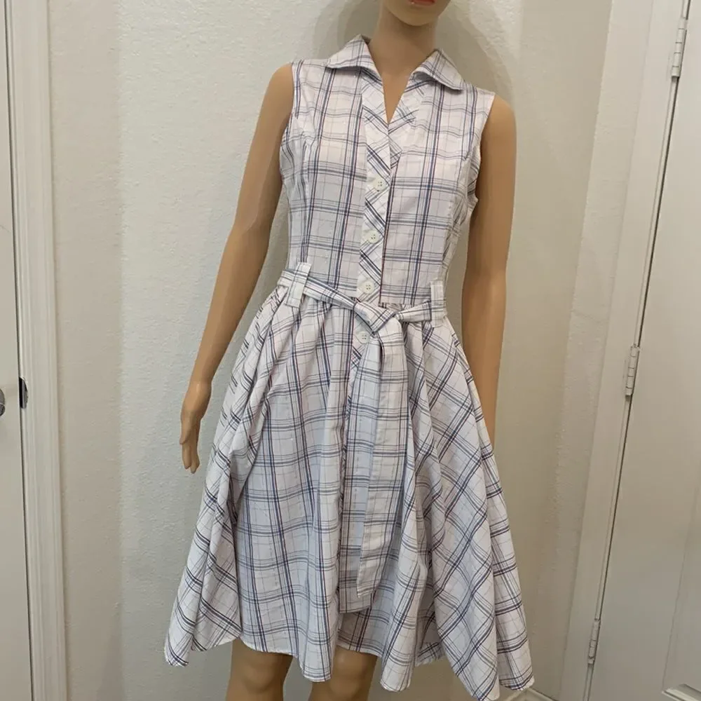 Ambiance Apparel Medium Fit & Flare Button Front Sleeveless Plaid Belted Dress - Picture 3 of 11